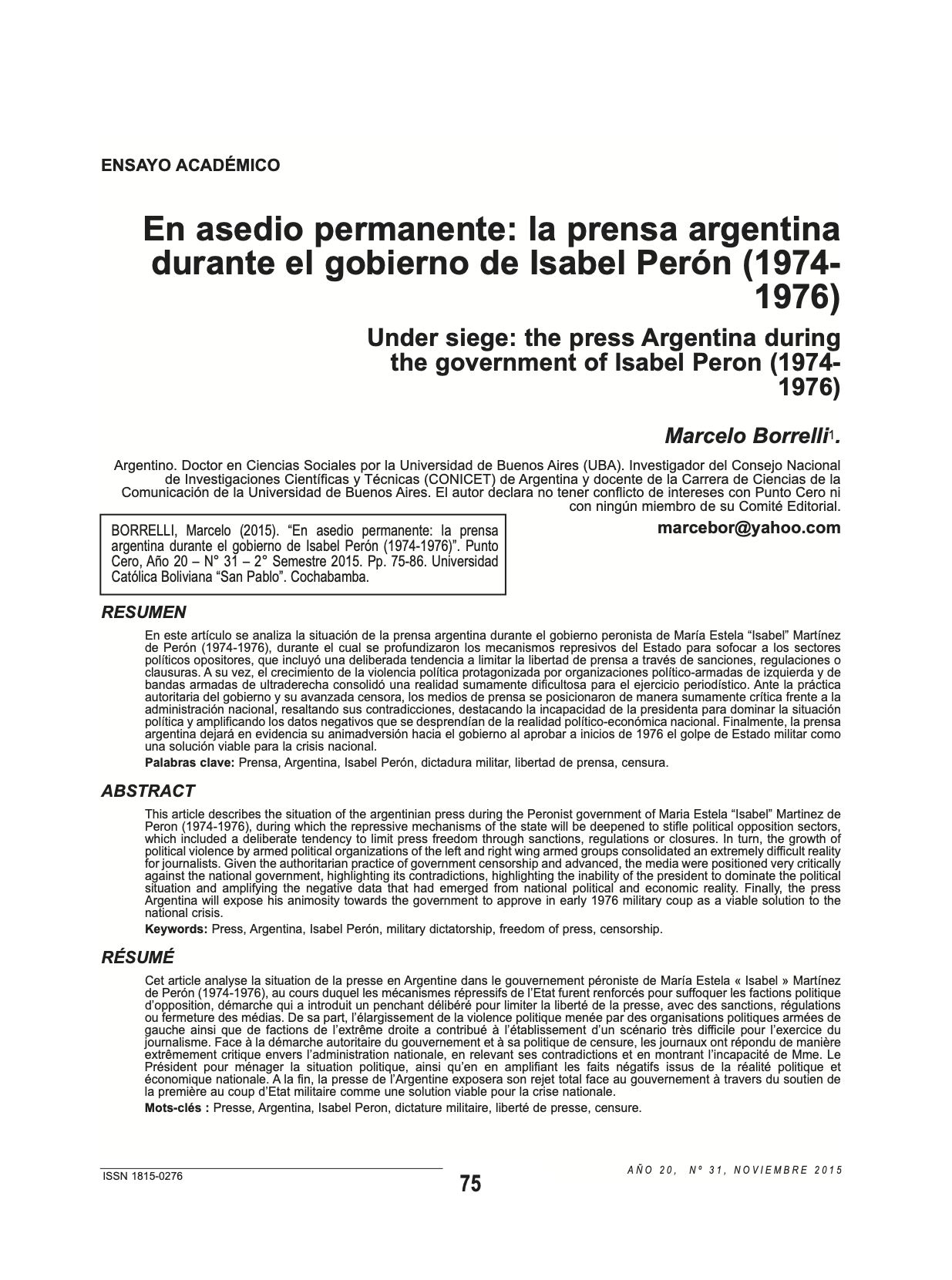 En asedio permanente: la prensa argentina durante el gobierno de Isabel Perón (1974- 1976)