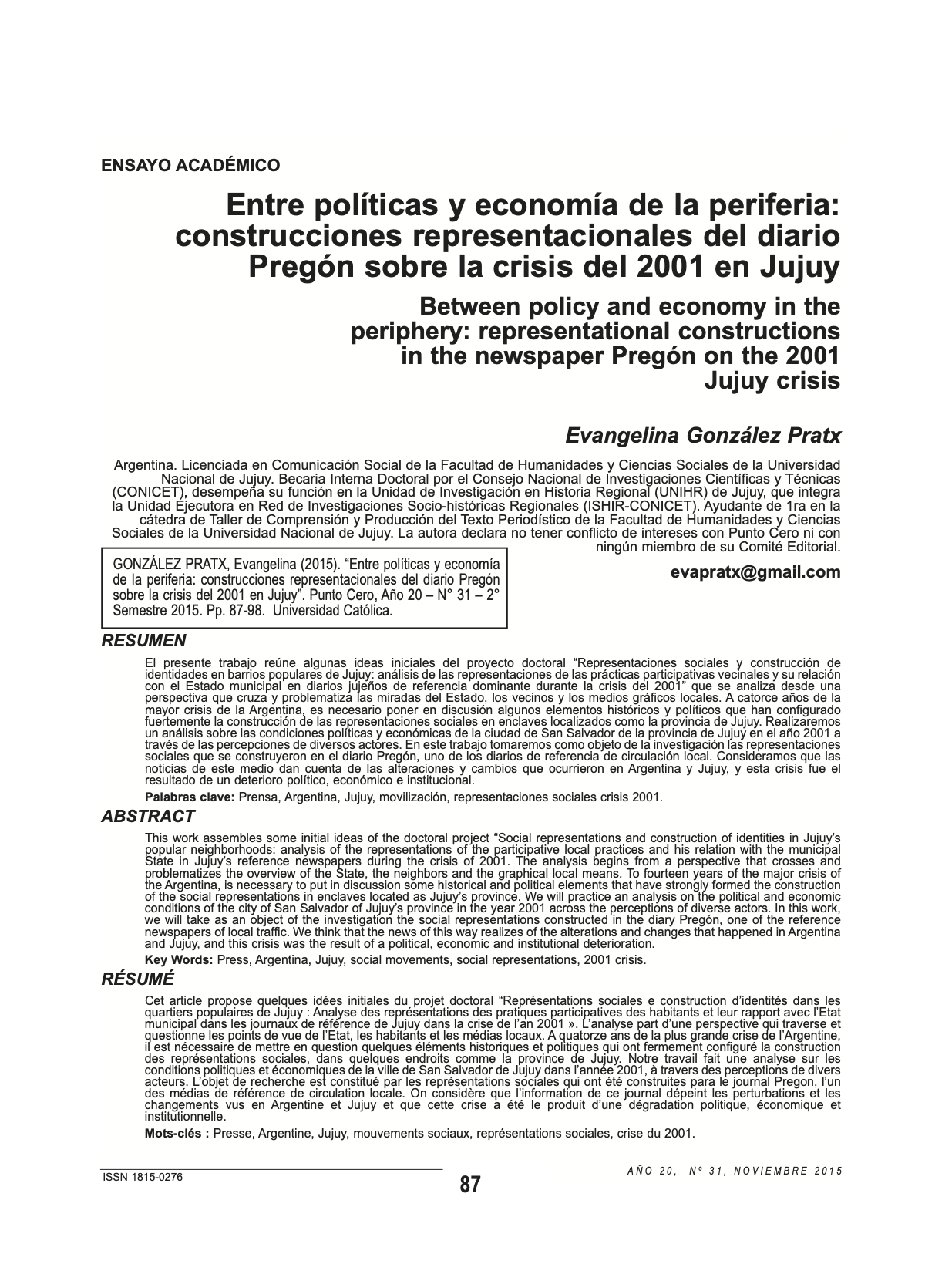 Entre políticas y economía de la periferia: construcciones representacionales del diario Pregón sobre la crisis del 2001 en Jujuy