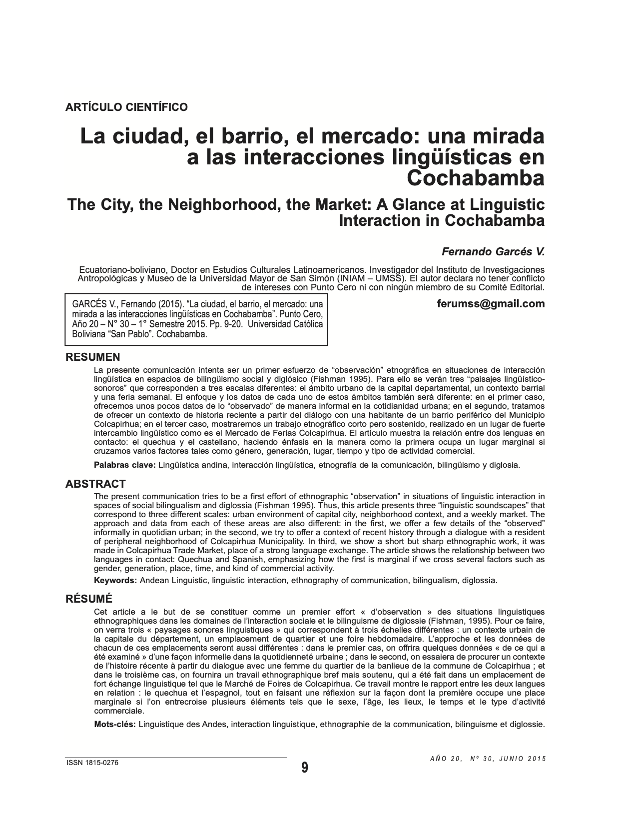 La ciudad, el barrio, el mercado: Una mirada a las interacciones lingüísticas en Cochabamba