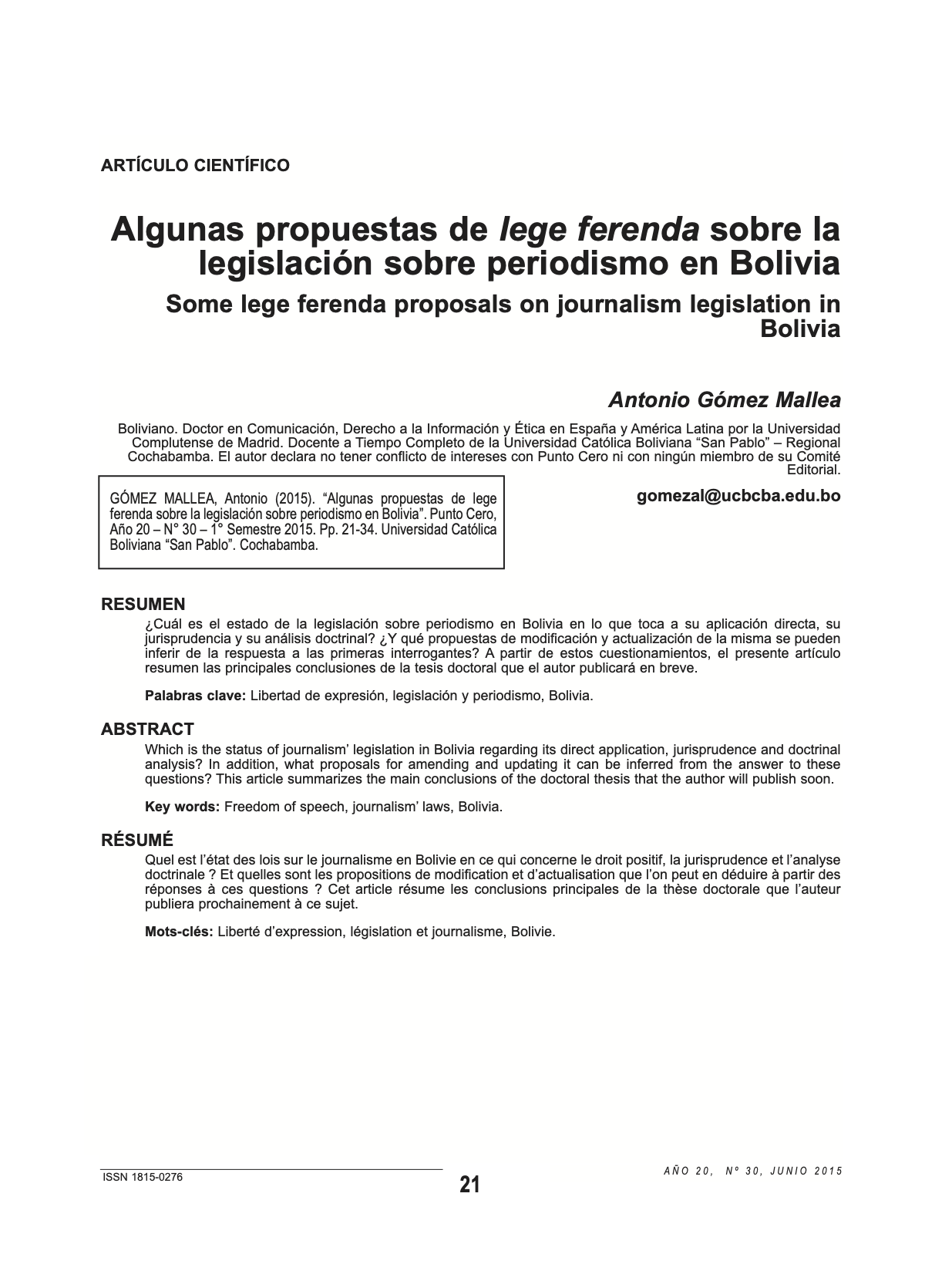 Algunas propuestas de lege ferenda sobre la legislación sobre periodismo en Bolivia