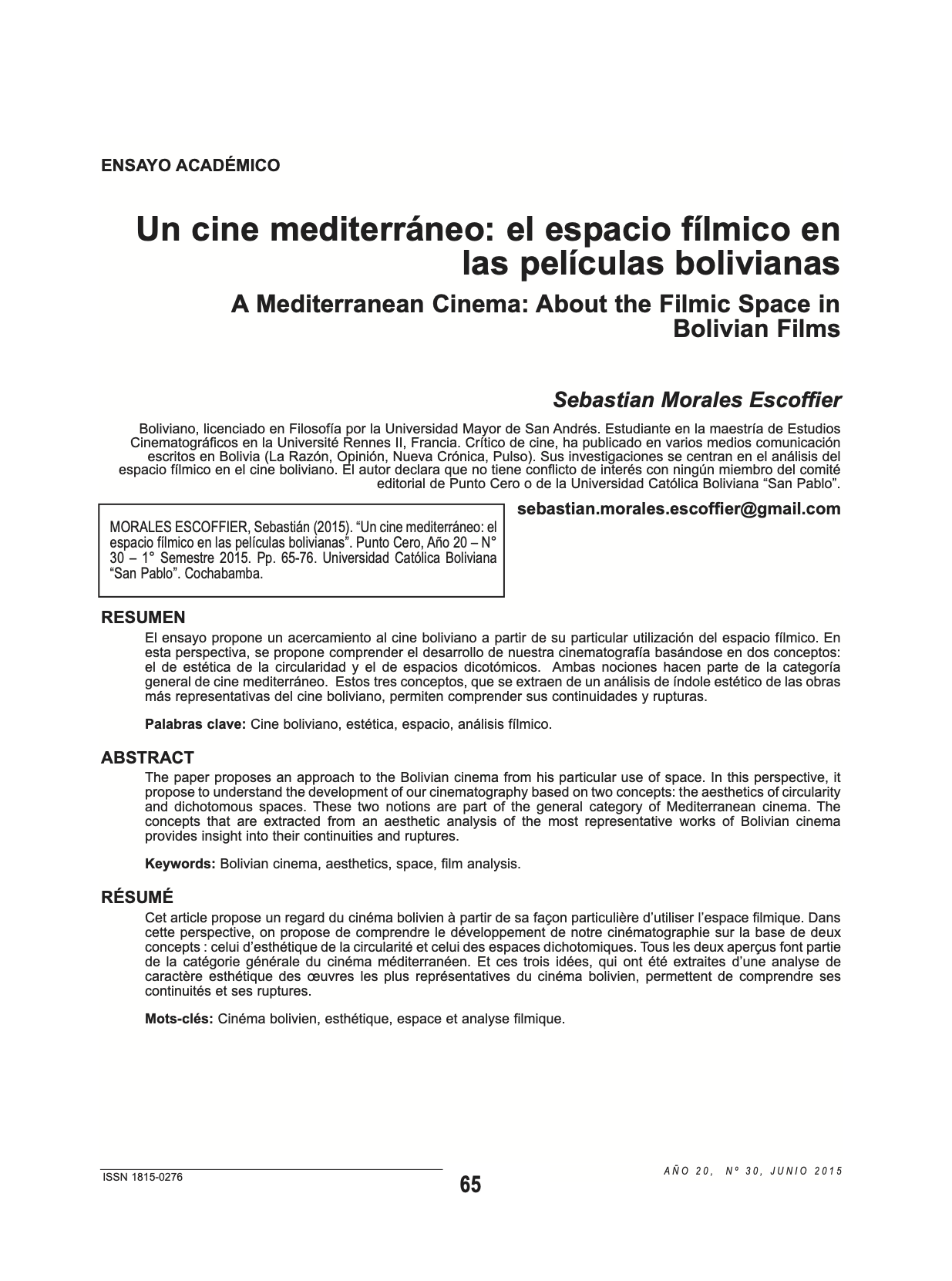 Un cine mediterráneo: el espacio fílmico en las películas bolivianas