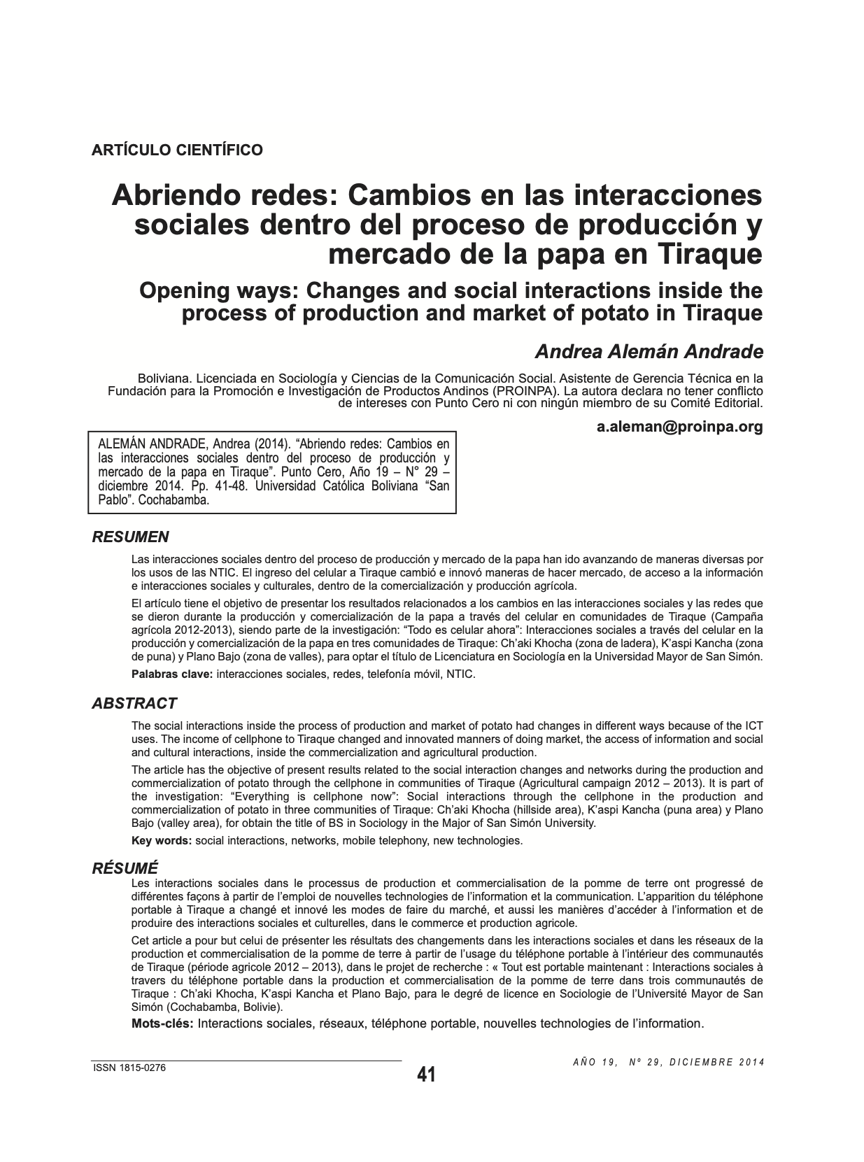 Abriendo redes: Cambios en las interacciones sociales dentro del proceso de producción y mercado de la papa en Tiraque