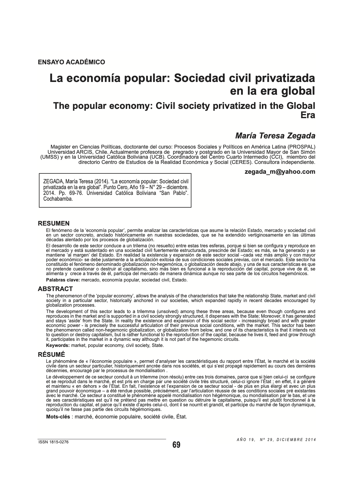La economía popular: Sociedad civil privatizada en la era global