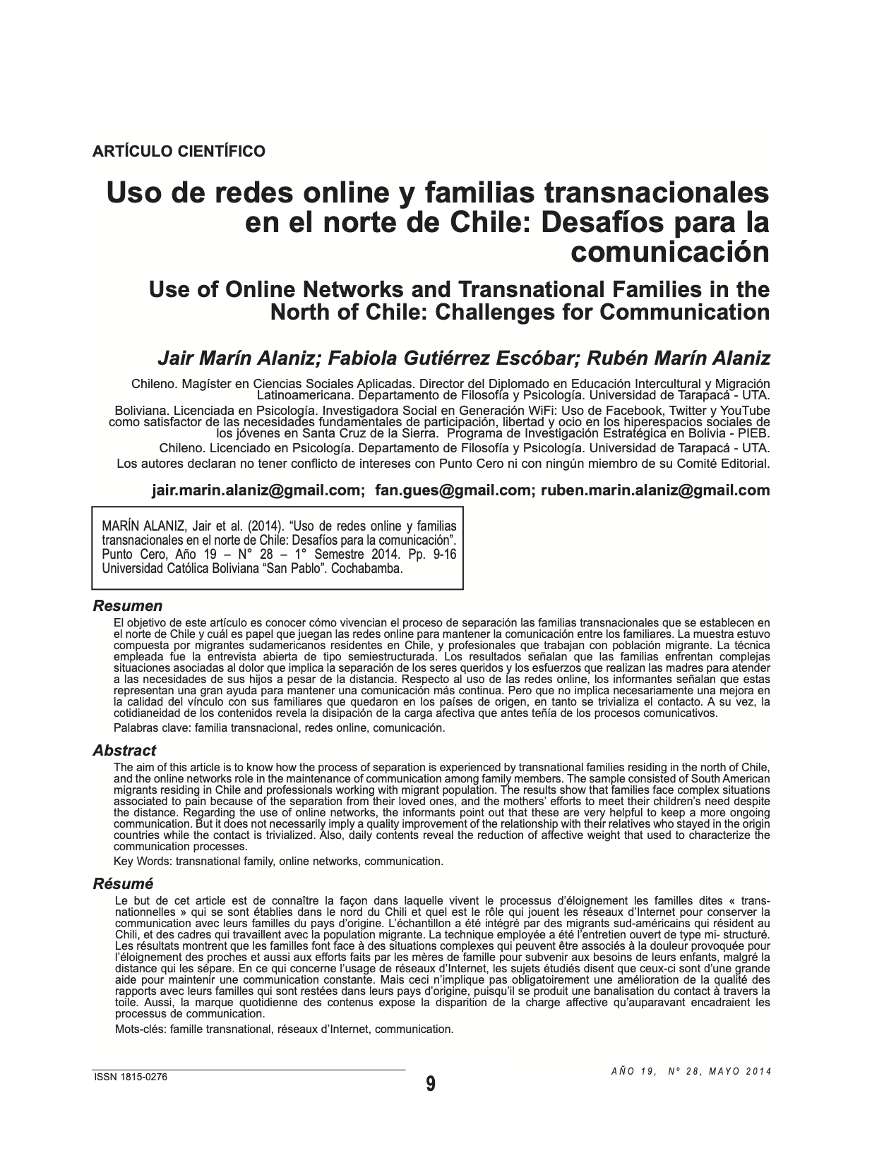 Uso de redes online y familias transnacionales en el norte de Chile: Desafíos para la comunicación