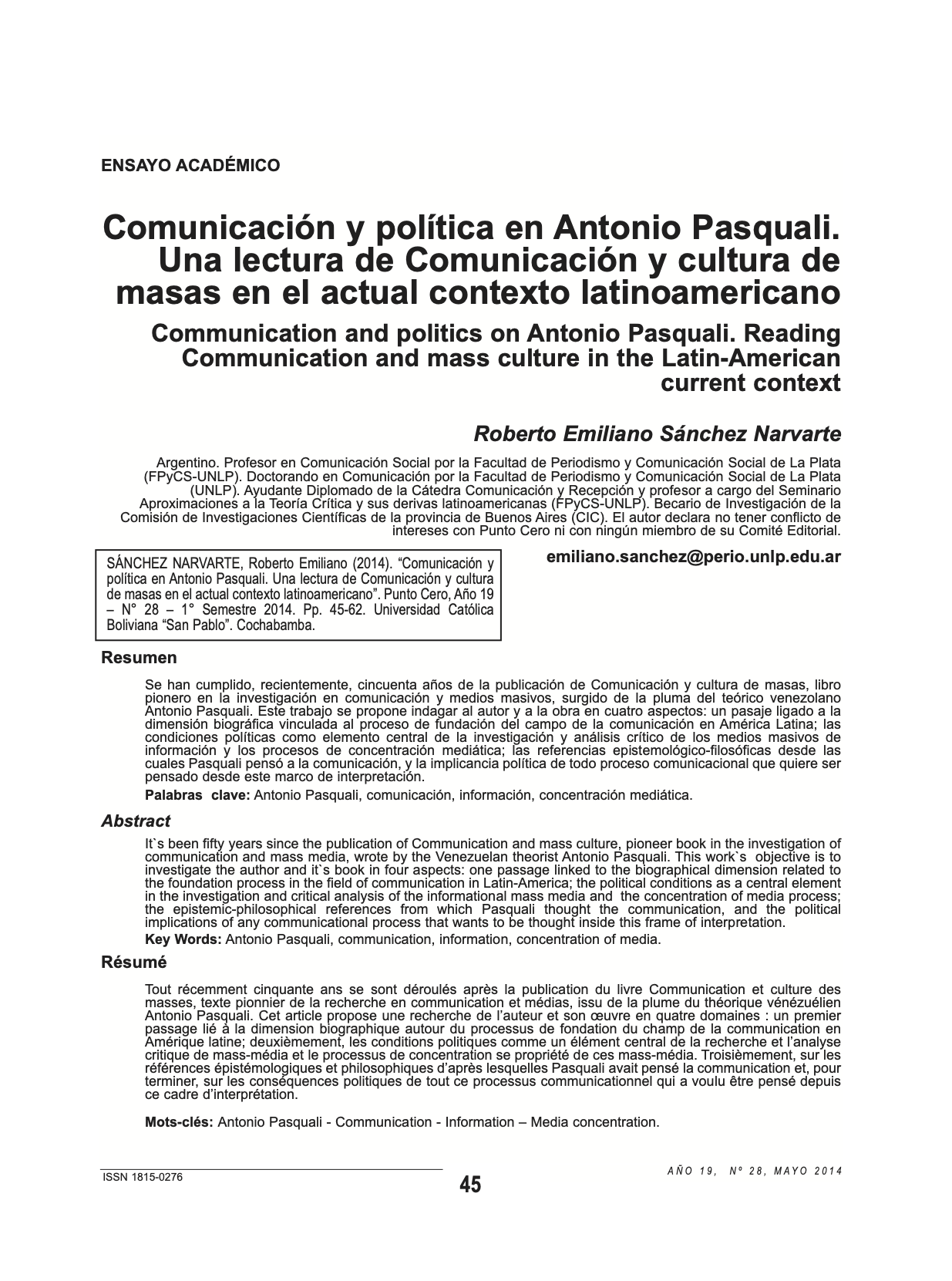 Comunicación y política en Antonio Pasquali. Una lectura de Comunicación y cultura de masas en el actual contexto latinoamericano
