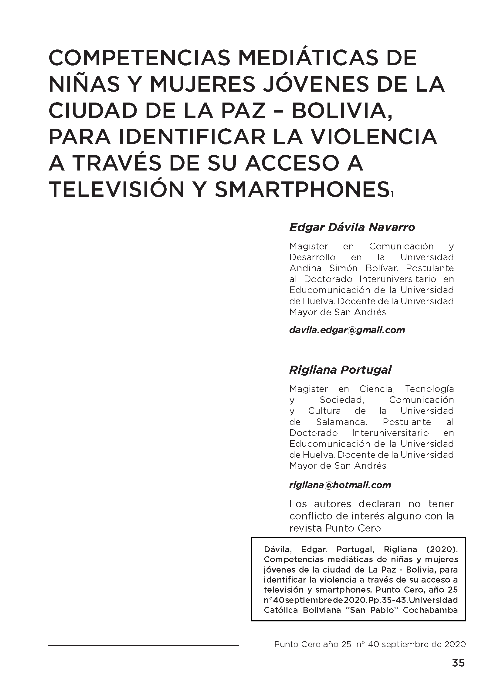 Competencias mediáticas de niñas y mujeres jóvenes de la ciudad de La Paz – Bolivia, para identificar la violencia a través de su acceso a televisión y smartphones