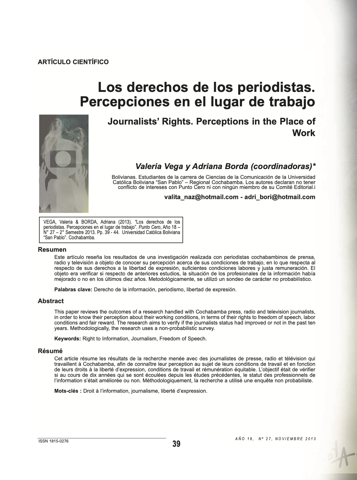Los derechos de los periodistas. Percepciones en el lugar de trabajo