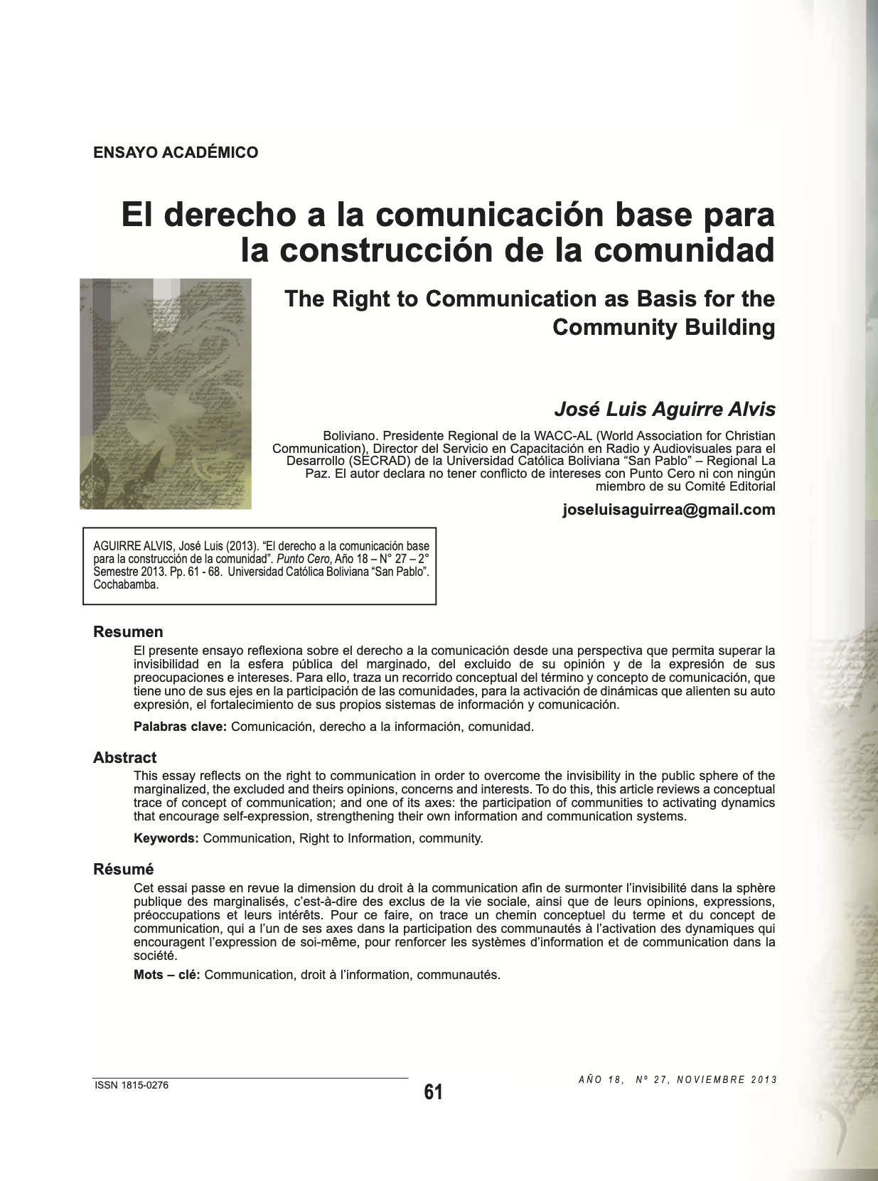 El derecho a la comunicación base para la construcción de la comunidad