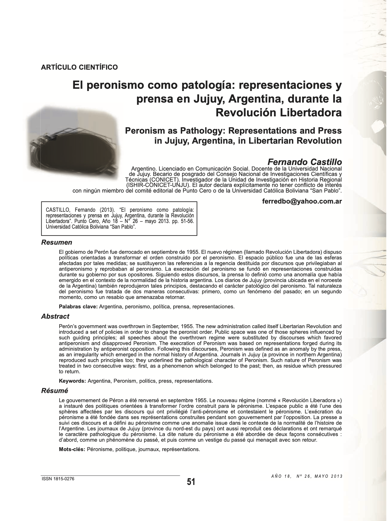 El peronismo como patología: representaciones y prensa en Jujuy, Argentina, durante la Revolución Libertadora