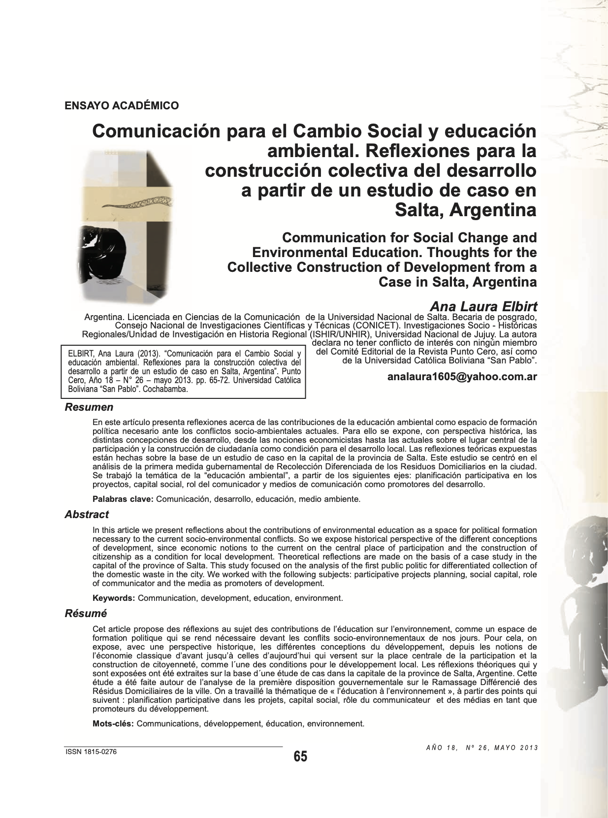 Comunicación para el Cambio Social y educación ambiental. Reflexiones para la construcción colectiva del desarrollo a partir de un estudio de caso en Salta, Argentina
