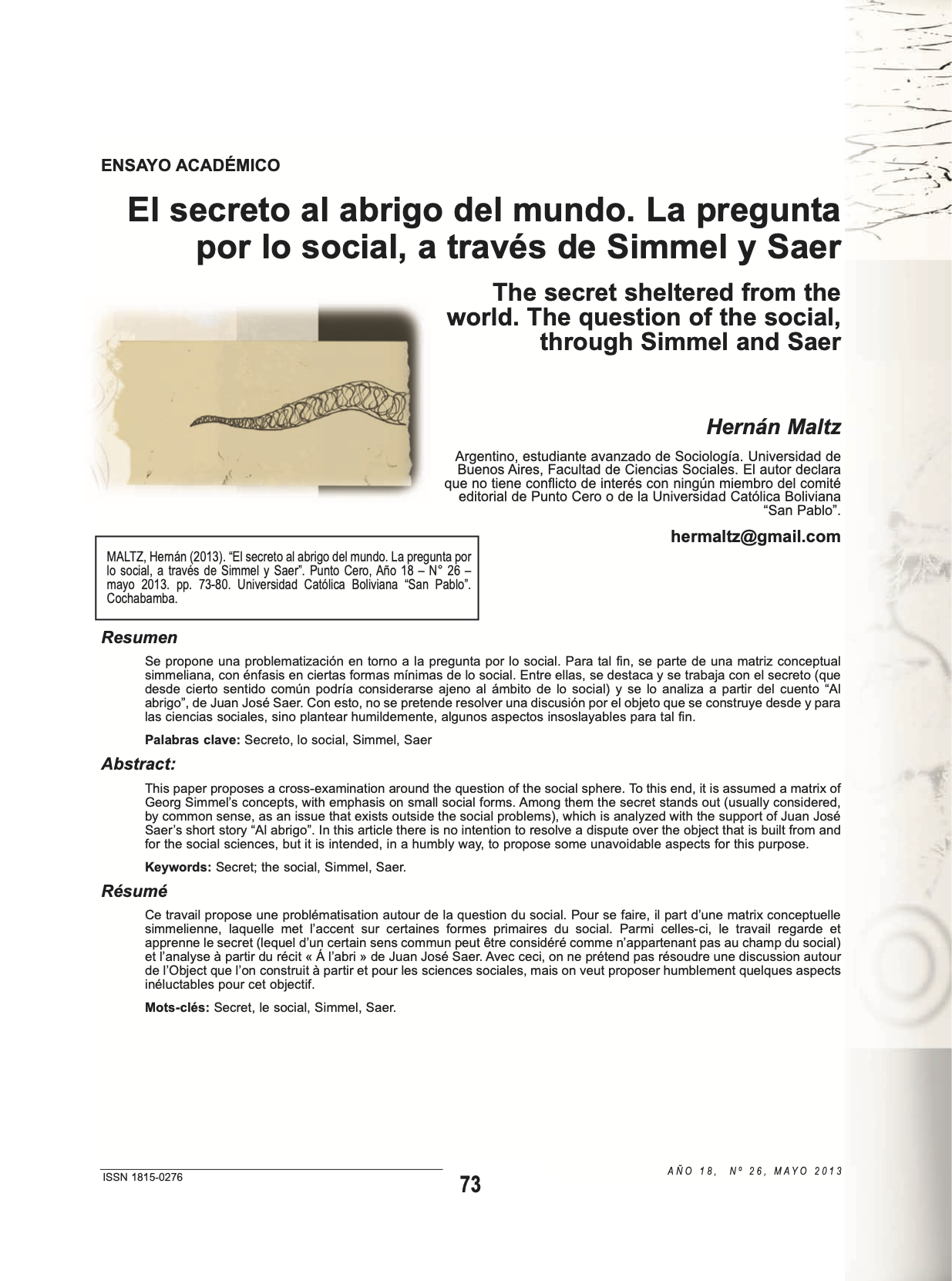 El secreto al abrigo del mundo. La pregunta por lo social, a través de Simmel y Saer