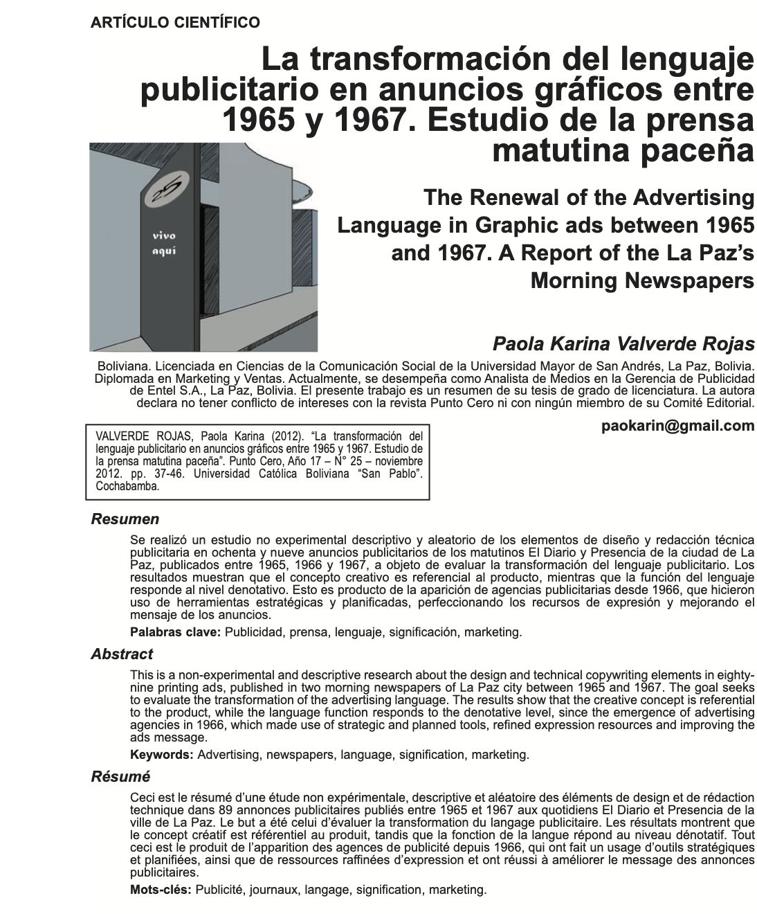 La transformación del lenguaje publicitario en anuncios gráficos entre 1965 y 1967. Estudio de la prensa matutina paceña