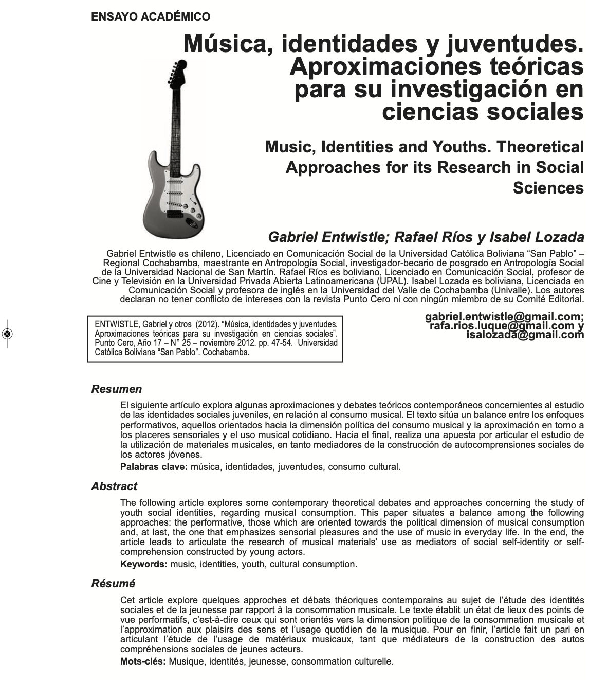 Música, identidades y juventudes. Aproximaciones teóricas para su investigación en ciencias sociales