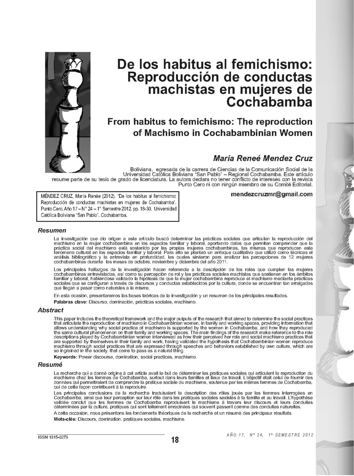 De los habitus al femichismo: Reproducción de conductas machistas en mujeres de Cochabamba.