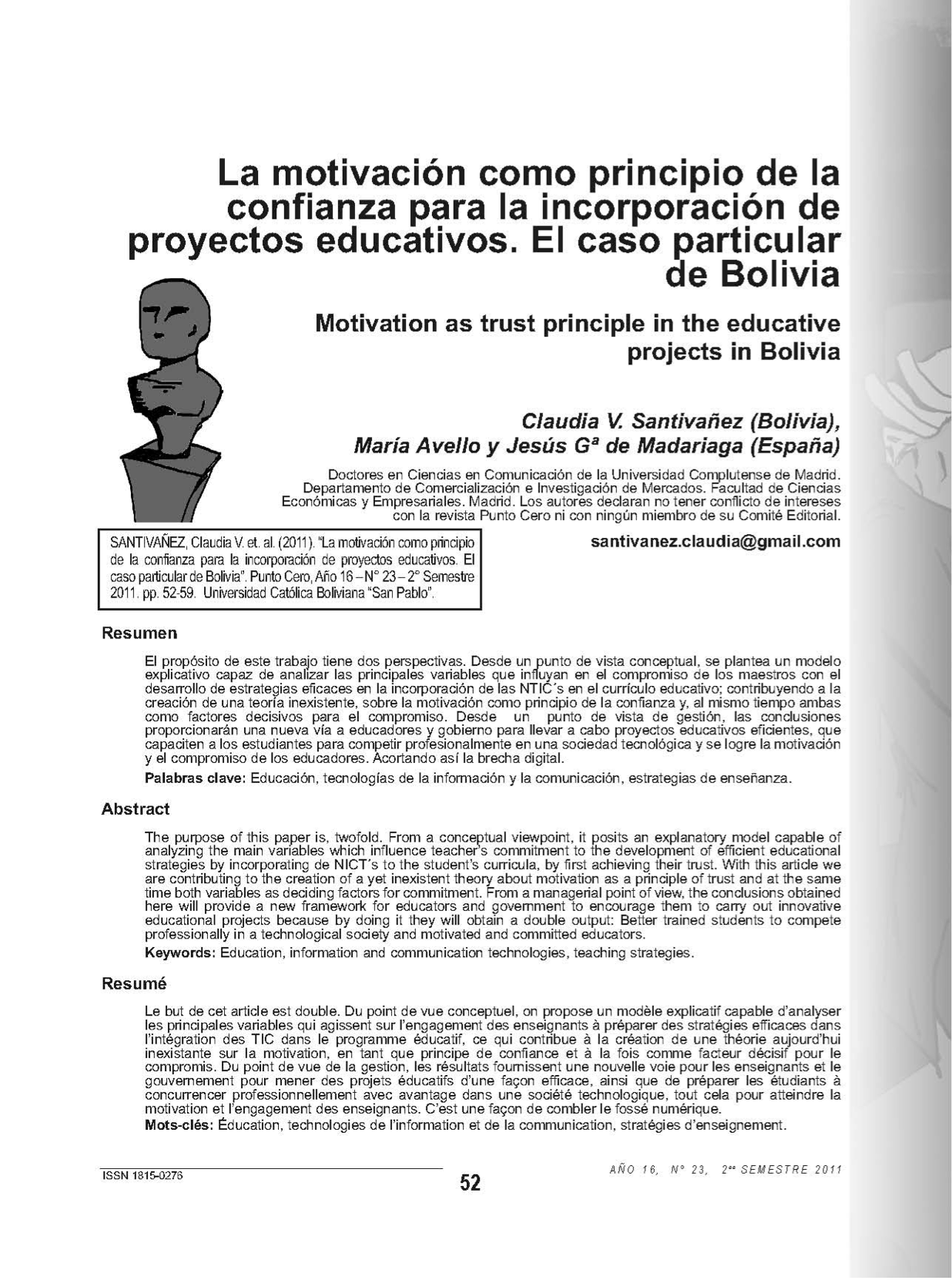 La motivación como principio de la confianza para la incorporación de proyectos educativos. El caso particular de Bolivia.
