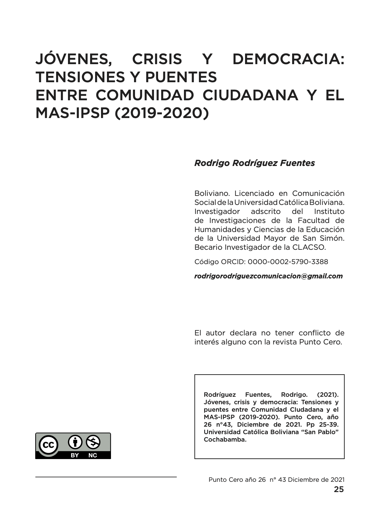 Jóvenes, crisis y democracia: Tensiones y puentes entre Comunidad Ciudadana y el MAS-IPSP (2019-2020)