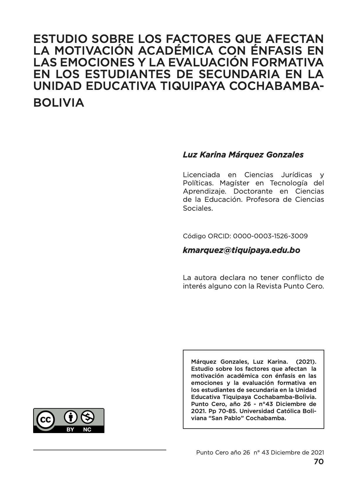 Estudio sobre los factores que afectan la motivación académica con énfasis en las emociones y la evaluación formativa en los estudiantes de secundaria en la Unidad Educativa Tiquipaya Cochabamba-Bolivia