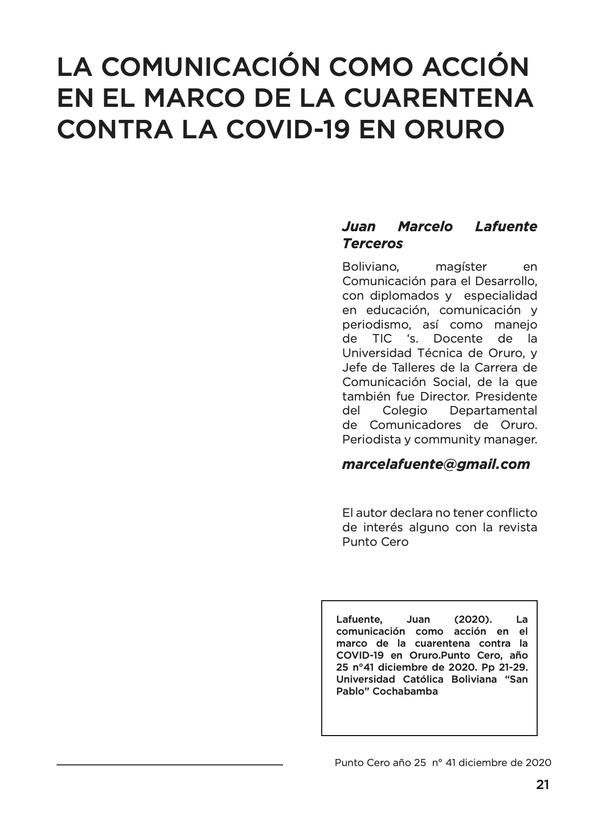 La Comunicación como acción en el marco de la cuarentena contra la Covid-19 en Oruro