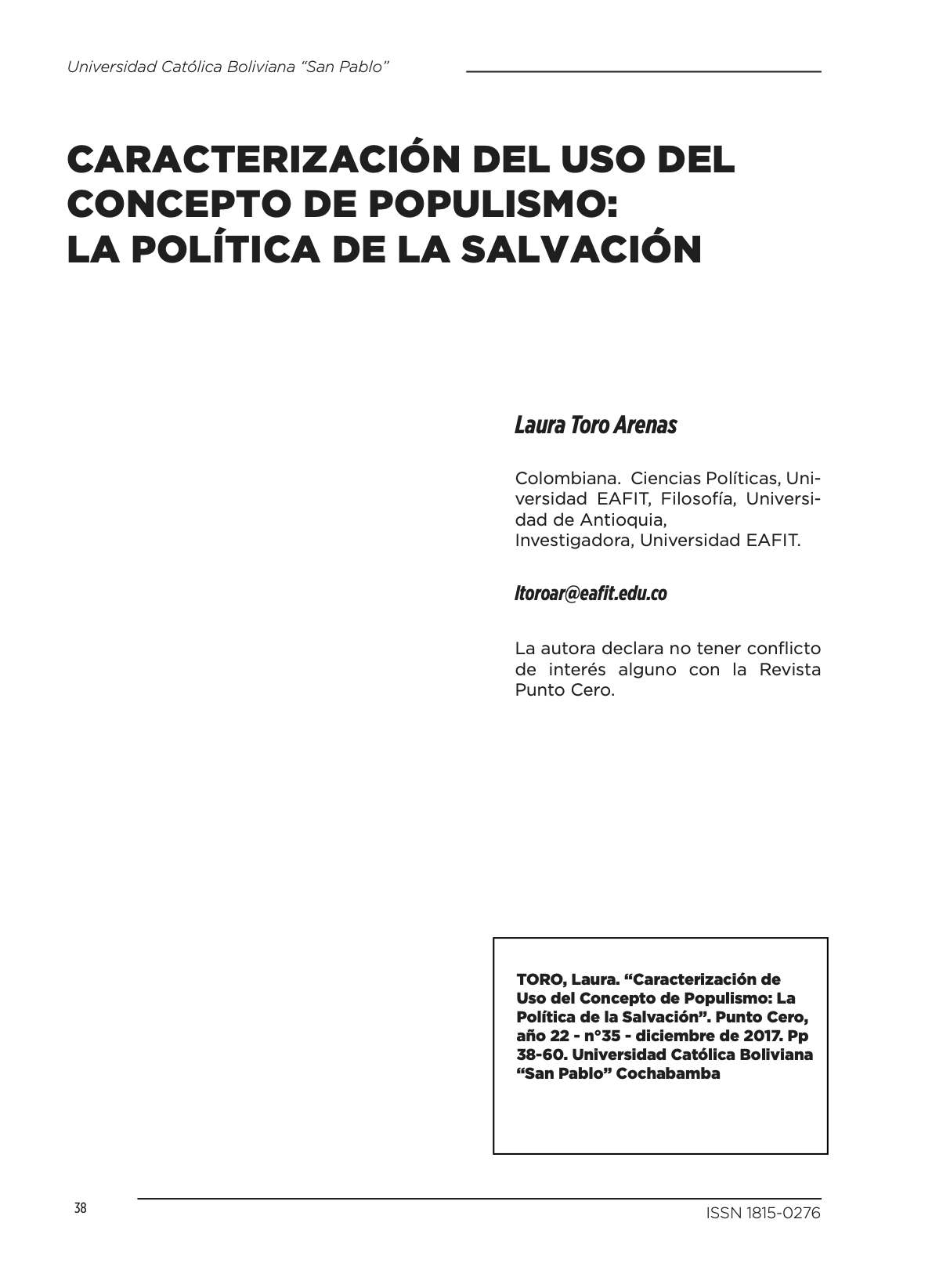 Caracterización del uso del concepto de populismo: La política de la salvación