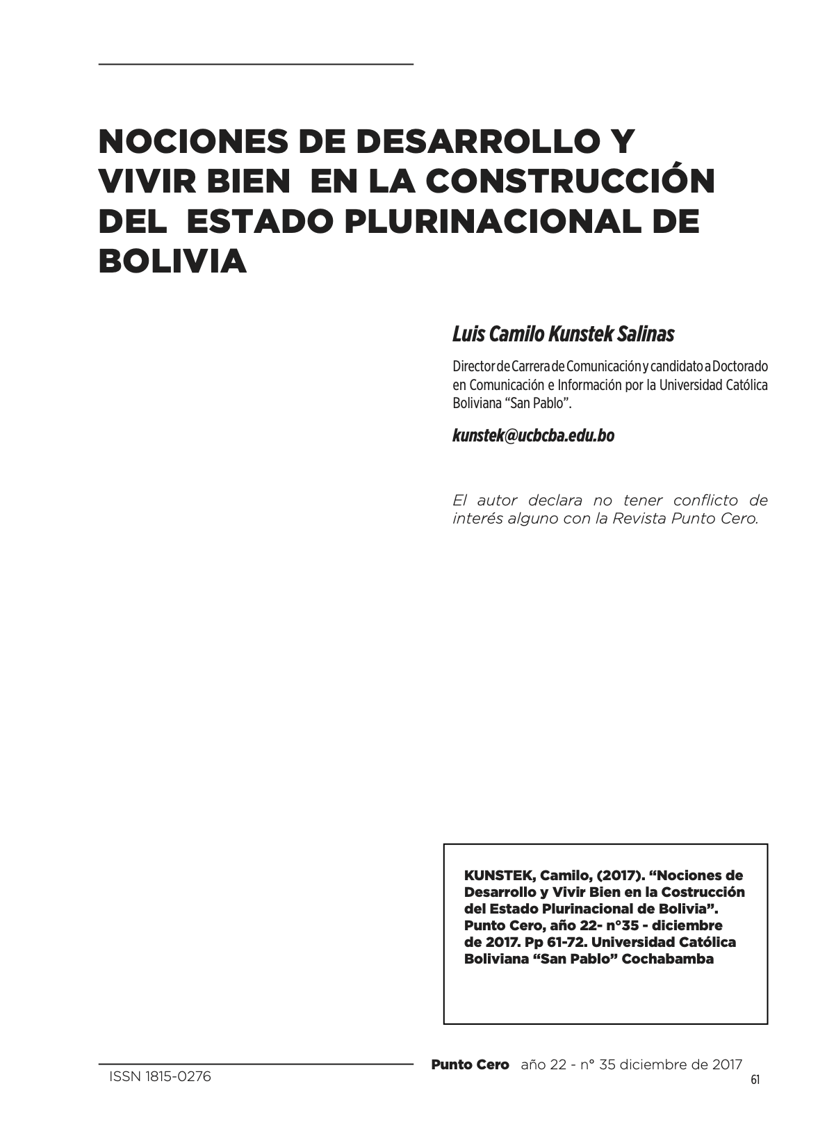 Nociones de desarrollo y  vivir bien  en la construcción  del  Estado Plurinacional de Bolivia