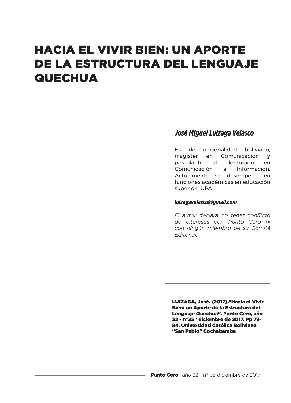 Hacia el vivir bien: Un aporte  de la estructura del lenguaje  Quechua