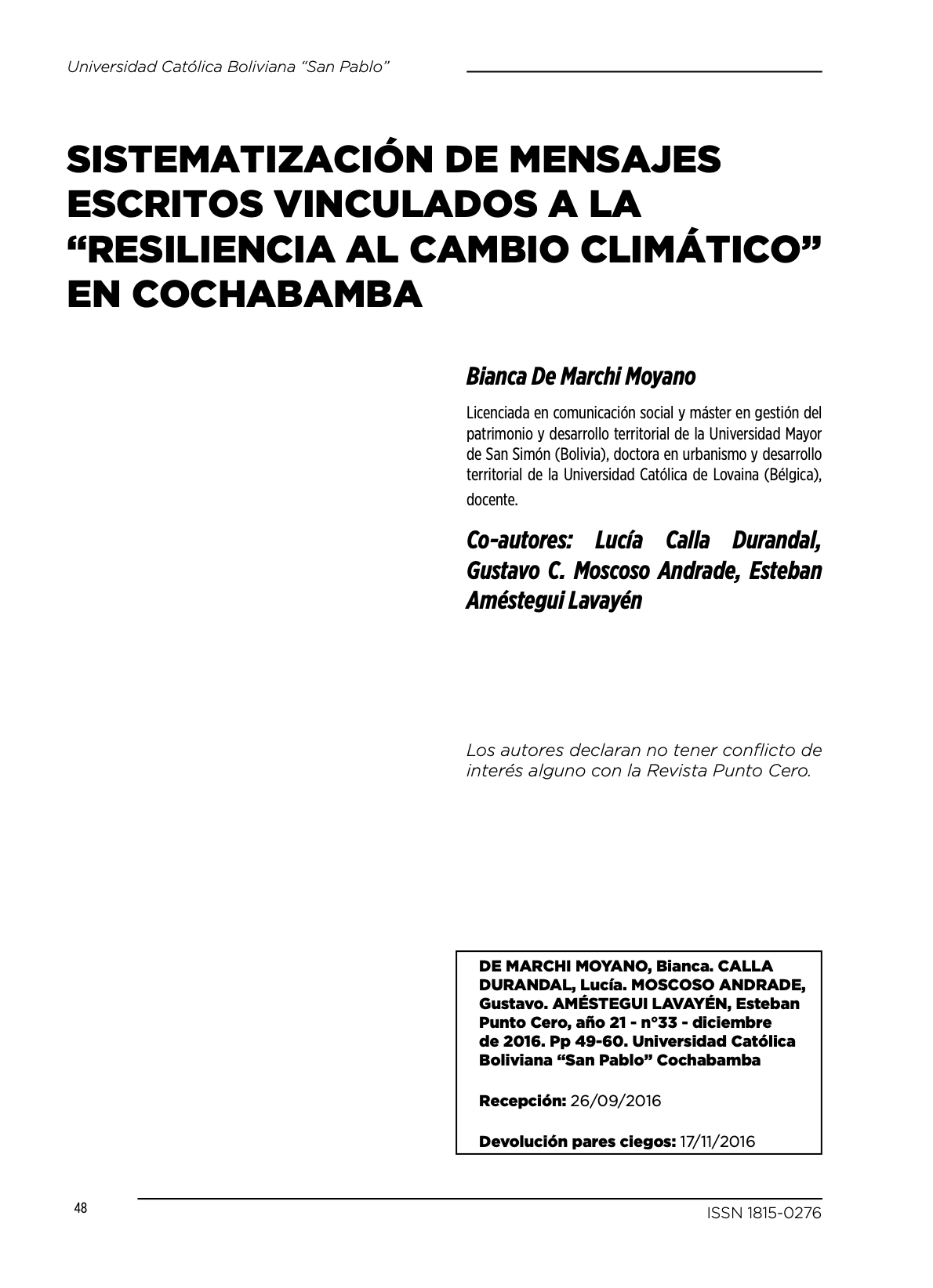 Sistematización de mensajes escritos vinculados a la "Resiliencia al cambio climático" en Cochabamba