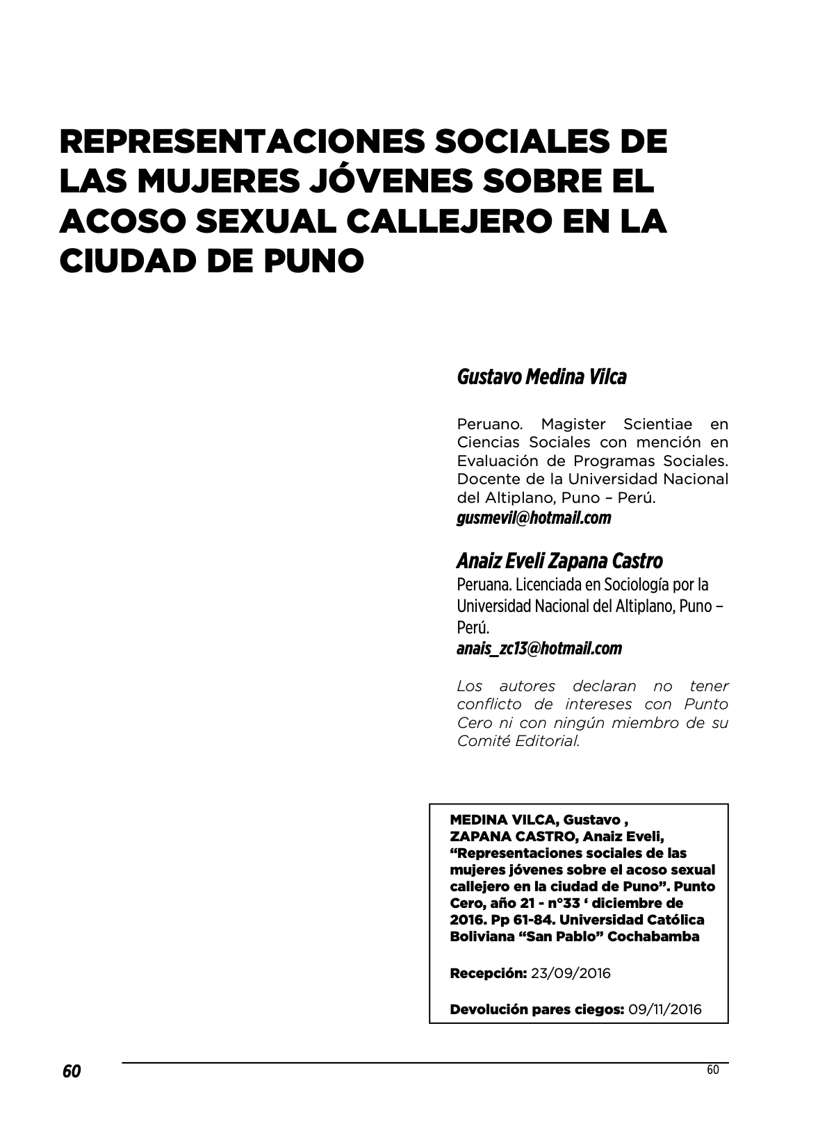 Representaciones sociales de las mujeres jóvenes sobre el acoso sexual callejero en la ciudad de Puno