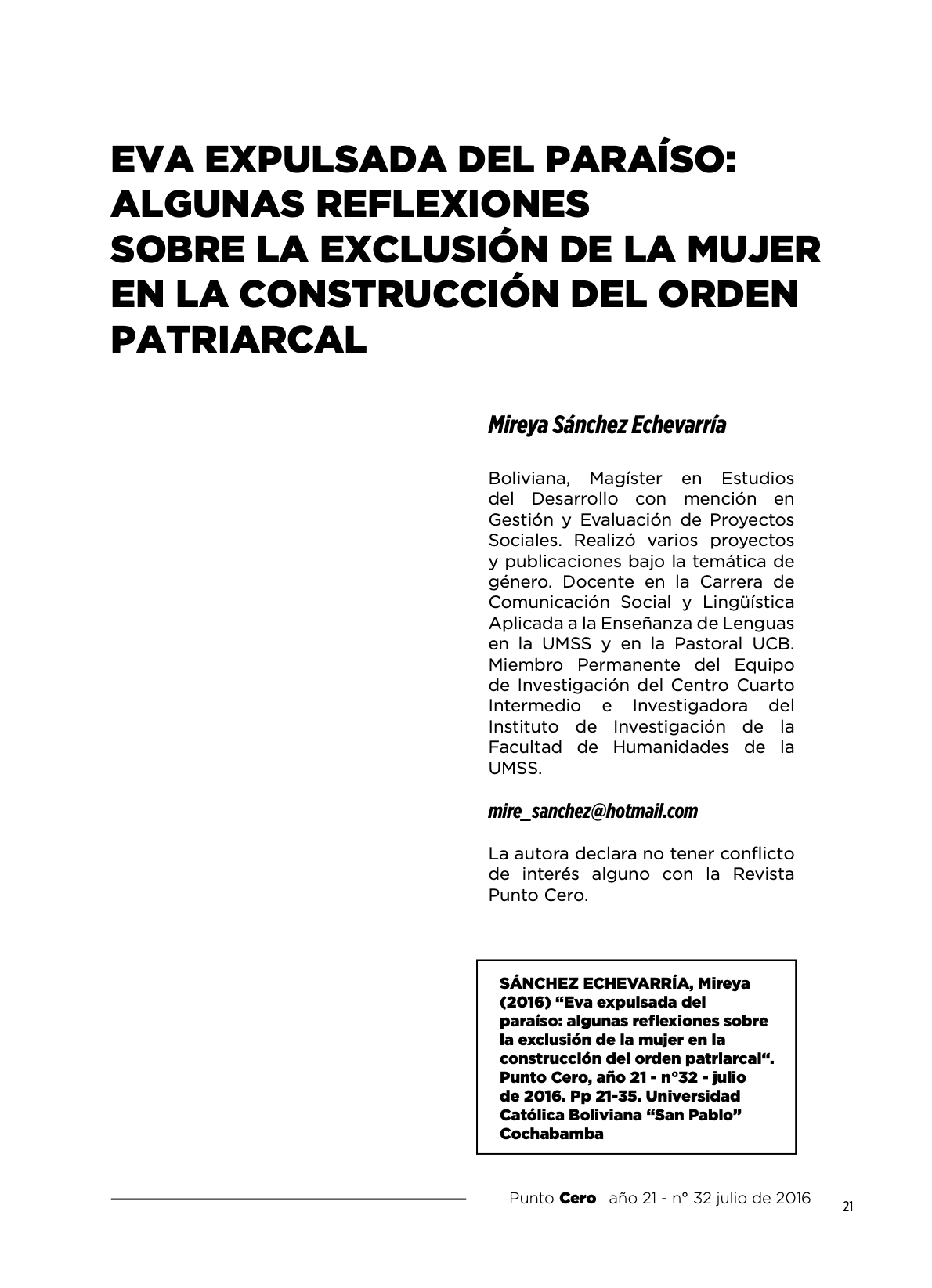 Eva expulsada del paraíso: Algunas reflexiones sobre la exclusión de la mujer en la construcción del orden patriarcal