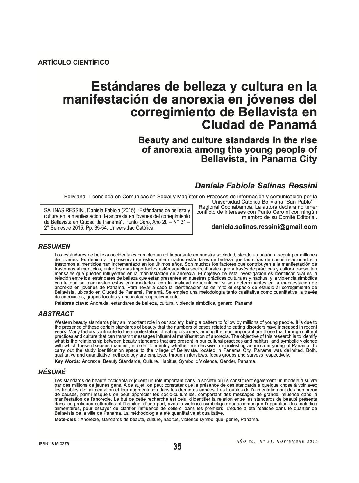 Estándares de belleza y cultura en la manifestación de anorexia en jóvenes del corregimiento de Bellavista en Ciudad de Panamá
