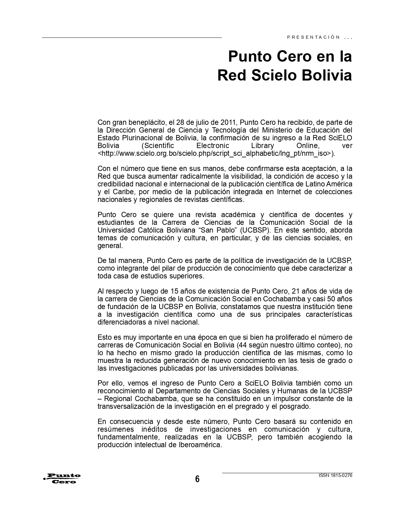 Punto Cero en la Red SciELO Bolivia