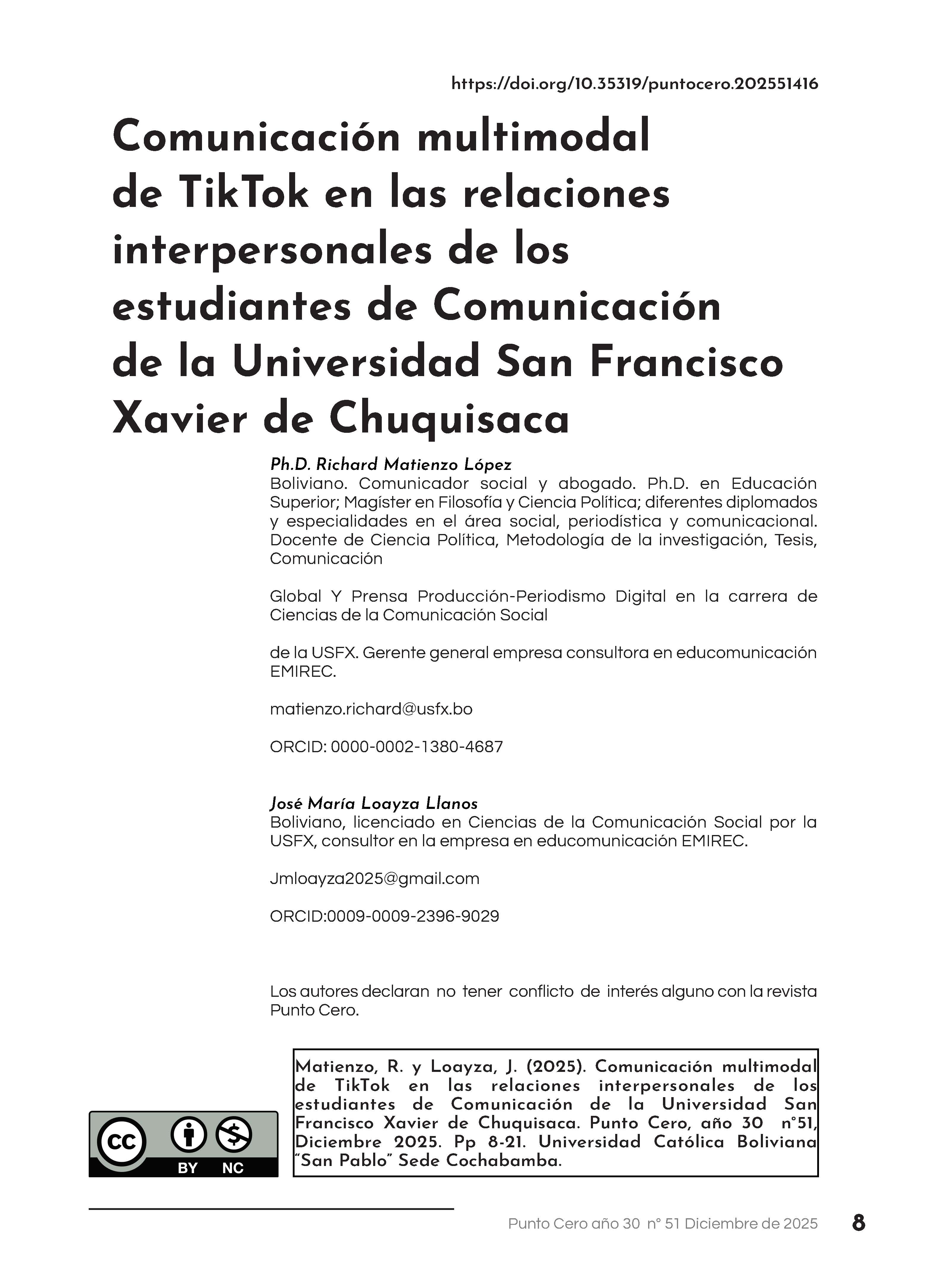Comunicación multimodal de TikTok en las relaciones interpersonales de los estudiantes de Comunicación de la Universidad San Francisco Xavier de Chuquisaca