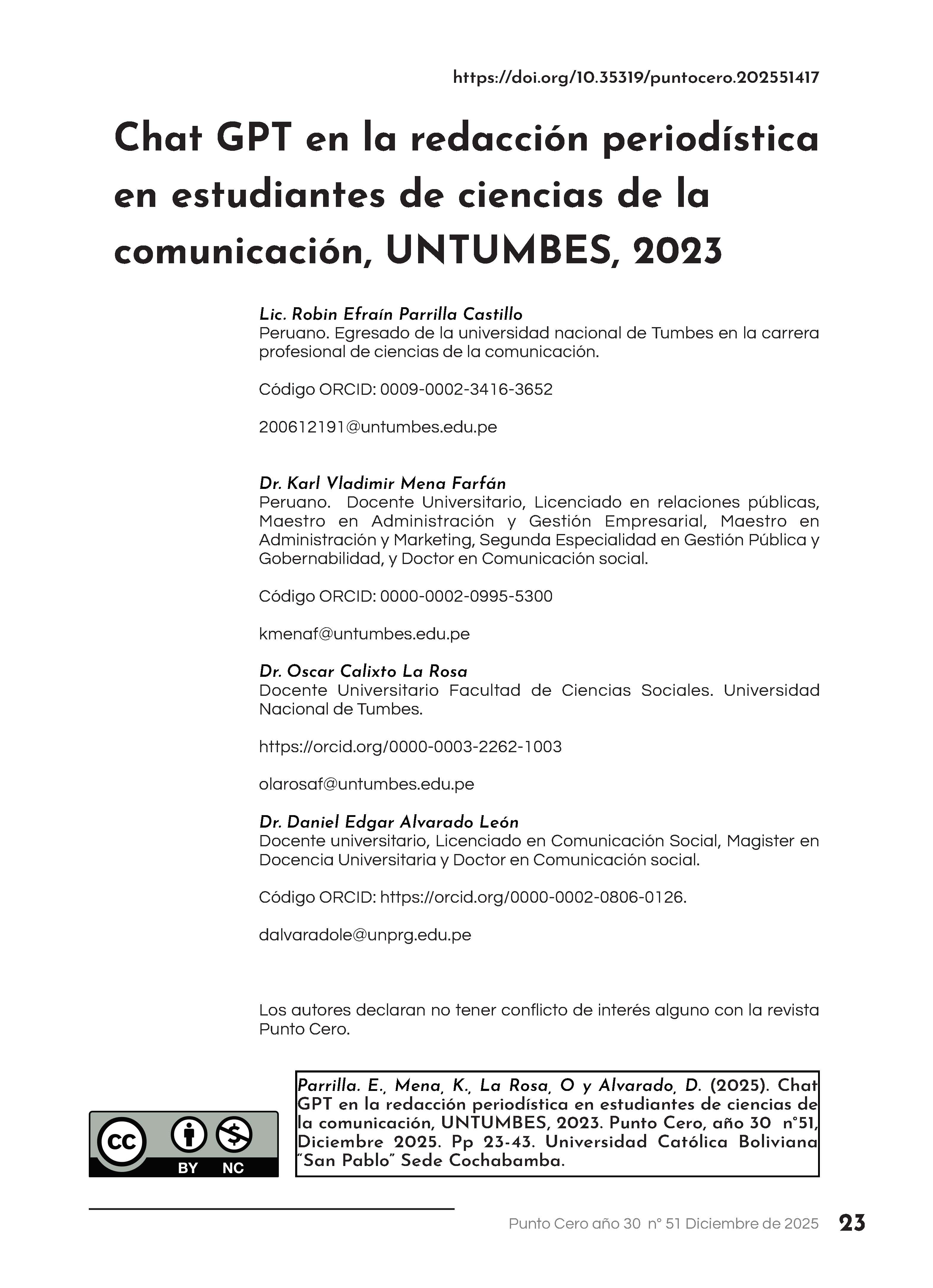 Chat GPT en la redacción periodística en estudiantes de ciencias de la comunicación, UNTUMBES, 2023