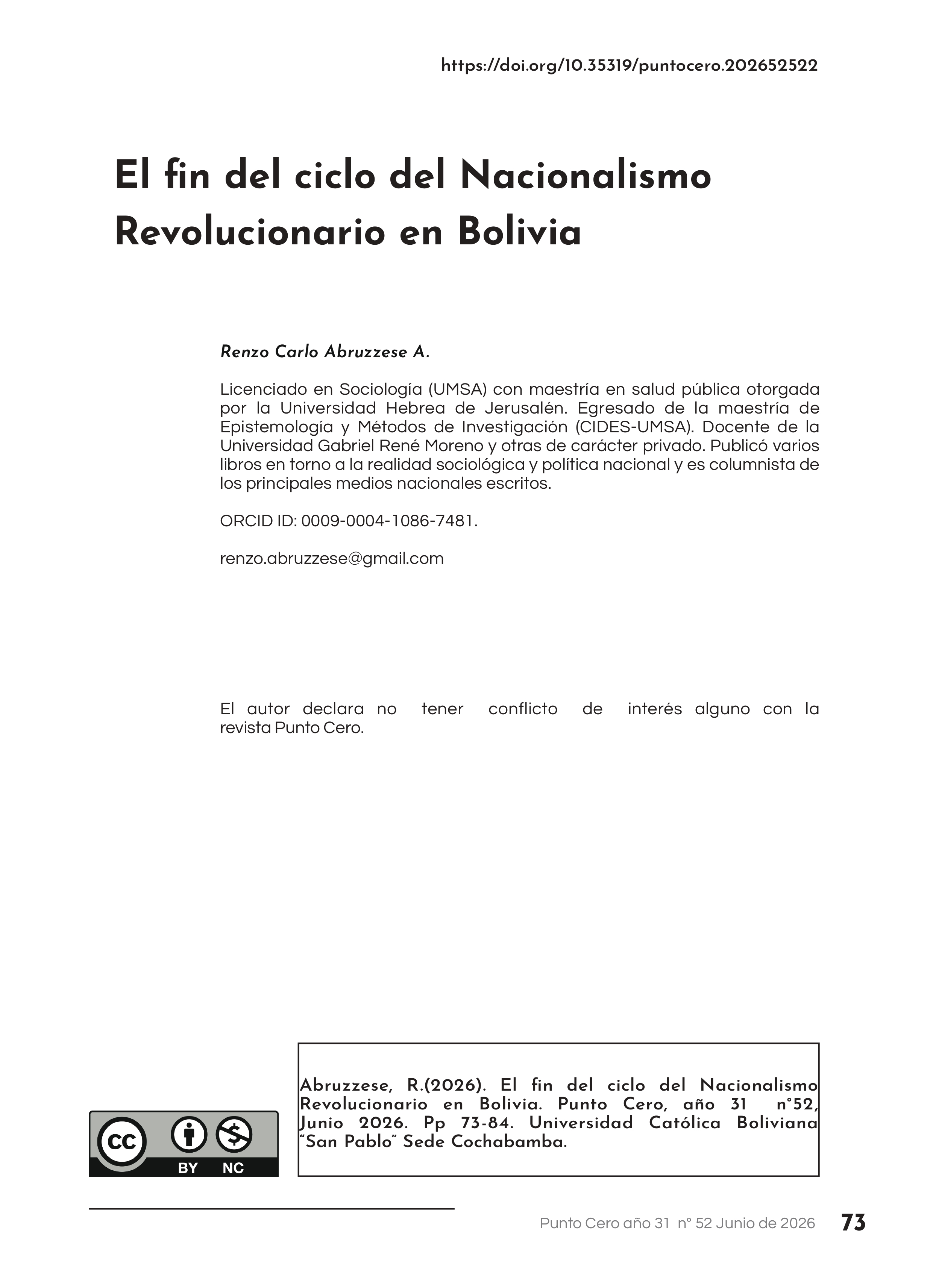 El fin del ciclo del Nacionalismo Revolucionario en Bolivia